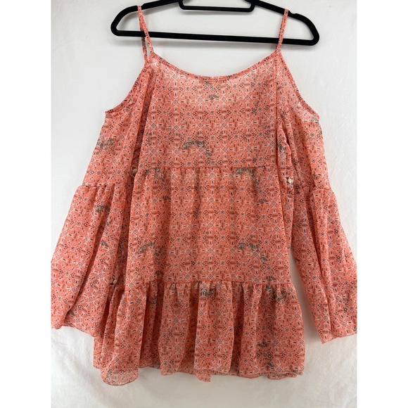 Sorad Cold Shoulder Bell Sleeve Peasant Blouse Coral Floral Print Size S - Picture 6 of 9